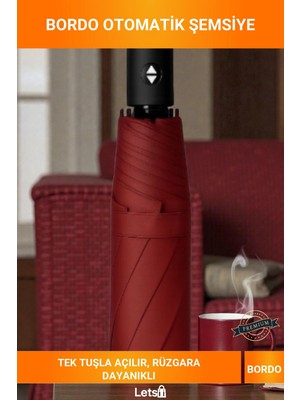 Letsii Bordo Otomatik Açılan Kompakt Şemsiye Rüzgar Dayanıklı 8 Telli Su Geçirmez Çantalı Şemsiye