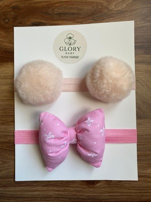 Glory Baby Kız Bebek Fiyonklu & Ponponlu Bandana - Saç Bandı 2'li Set(Handmade)