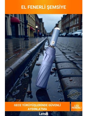 Letsii Mavi El Fenerli Saplı Katlanabilir Rüzgar Dirençli 100 cm Geniş Seyahat Şemsiyesi