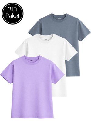 Rich Kadın 3'lü Paket Antrasit-Beyaz-Lila %100 Pamuk Oversize Basic Tişört Bisiklet Yaka Relaxed T-Shirt