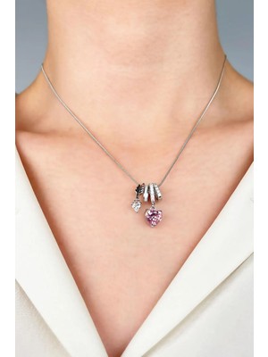 Sose Moda Pembe Kalp Uçlu Charm Çelik Kolye - Gümüş