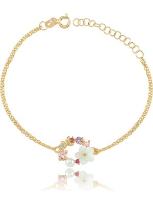 Mavili Gümüş Italyan Taaltınm Soft Çiçekler Flowers Gümüş Bileklik - Altın