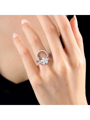 Mavili Gümüş Pırlanta Montür Ametist Tacı Flowers Gümüş Yüzük - Gümüş