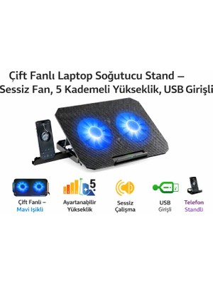 Qasul Çift Fanlı Laptop Soğutucu Stand – Sessiz Fan, 5 Kademeli Yükseklik, USB Girişli Telefon Standlı