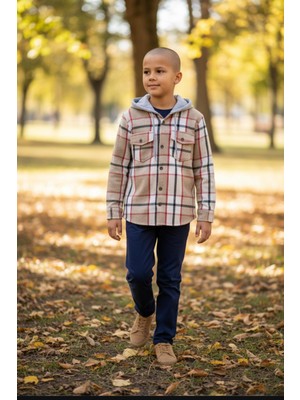 Gala Stil Gala Kolu Lastikli Kapüşonlu Ekoseli Unisex Çocuk Gömlek