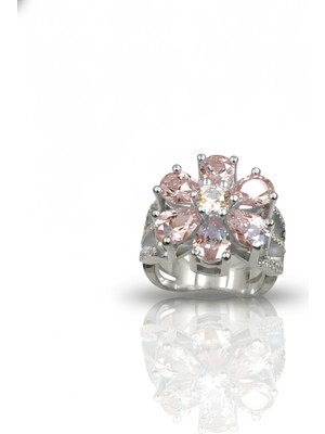 Mavili Gümüş Pembe Taşlı Sevgi Çiçeği Gümüş Yüzük - Gümüş