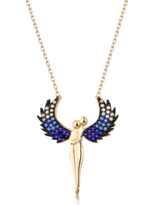 Mavili Gümüş 925 Ayar Gümüş Renkli Taşlı Melek Sevgili Kolye - Altın