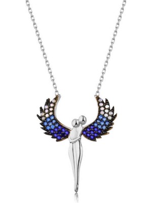 Mavili Gümüş 925 Ayar Gümüş Renkli Taşlı Melek Sevgili Kolye - Gümüş