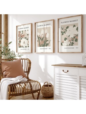 Pam Studio Bej Tonlarda Çiçek Desenli 3’lü Flower Market Tablo Seti – Minimalist Poster Dekor