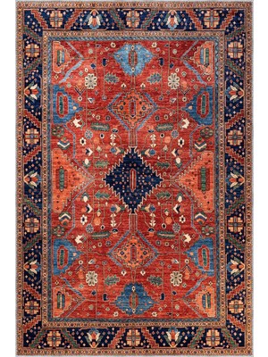 Aren Halı Ubon Çerçeveli Kırmızı Polyester ve Pamuklu Kaydırmaz Tabanlı Yıkanabilir Dijital Baskı Hal