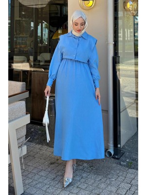 Tesettür Diyarı Kadın Bolerolu Lizza Kumaş Ikili Elbise- Bebe Mavisi