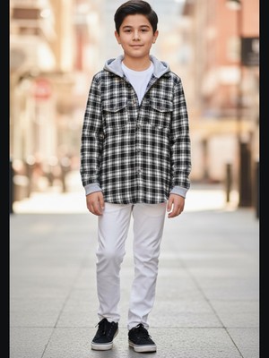 Gala Stil Gala Kolu Lastikli Kapüşonlu Ekoseli Unisex Çocuk Gömlek