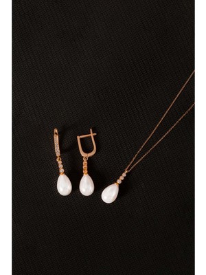 By More 925 Ayar Gümüş Tria Modeli Damla Inci Set - Rose Altın Kaplama