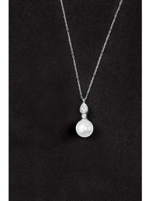 By More 925 Ayar Gümüş Zirkon Taşlı Damla Modeli Küre Inci Kolye - Rodyum Kaplama