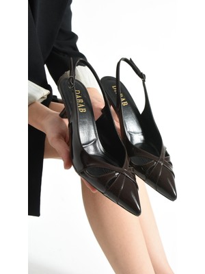 Sıeny Kadın Kahverengi 6 cm Topuklu Arkası Açık Tokalı Sivri Burun Stiletto Rugan Ayakkabı