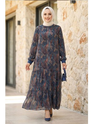 Kadın Içi Şardonlu Desenli Lacivert Şifon Elbise