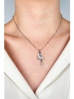 Sose Moda Ay Yıldız Zirkon Taşlı Çelik Kolye - Gümüş