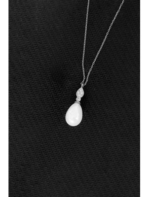 By More 925 Ayar Gümüş Zirkon Taşlı Damla Modeli Inci Kolye - Rodyum Kaplama