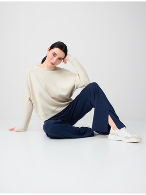 Jimmy Key Lacivert Yüksek Bel Bol Paça Cep Detaylı Örme Pantolon