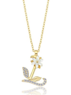 Mavili Gümüş Işıltılı Manolya Çiçeği L Harfi Gümüş Harfli Kolye - Altın