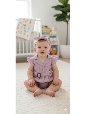 GENYBABY Lila Kız Bebek Tulum ve Saç Bandı Seti - Kemerli, Şık Mevsimlik Romper
