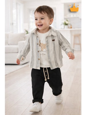 Baby Hola Köpek Baskılı Müslin Kumaş Erkek Bebek Üçlü Takım Set Babyhola 2214