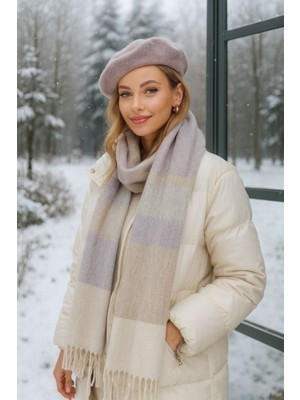Kokoş Yumuşak Dokulu Karma Çizgili Lila-Vizon Kalın Omuz Şal Atkı