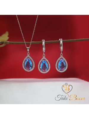 TB Takı Boom Akuamarin Su Damlası Kolye Küpe Seti, Deniz Mavisi Damla Kolye Küpe Takım, Sevdiklerinize Hediye
