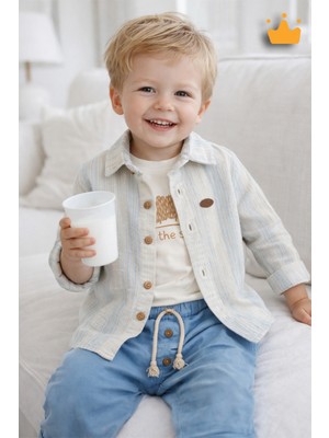 Baby Hola Köpek Baskılı Müslin Kumaş Erkek Bebek Üçlü Takım Set Babyhola 2214