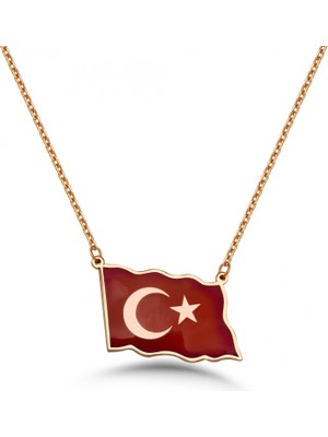 Mavili Gümüş Türk Bayrağı Mineli Gümüş Kolye - Altın