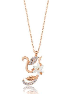 Mavili Gümüş Işıltılı Manolya Çiçeği Y Harfi Gümüş Harfli Kolye - Rose