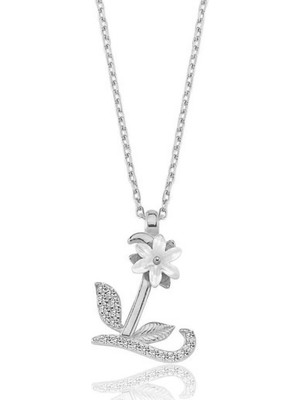 Mavili Gümüş Işıltılı Manolya Çiçeği L Harfi Gümüş Harfli Kolye - Gümüş