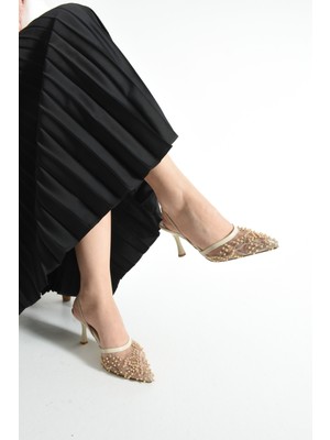Meggıe Kadın Ten Sivri Burun 7 cm Ince Topuklu Tül Üzerine Inci Işlemeli Slingback Abiyeayakkabı
