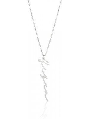 Mavili Gümüş Yeni Trend Dikey Imza 925 Ayar Gümüş Kolye - Gümüş