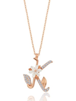 Mavili Gümüş Işıltılı Manolya Çiçeği K Harfi Gümüş Harfli Kolye - Rose