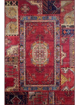 Hyen Çerçeveli Kırmızı Polyester ve Pamuklı Kaydırmaz Taban Yıkanabilir Dijital Daskı Halı