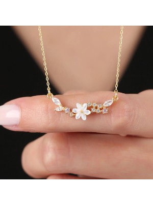 Mavili Gümüş Manolya Çiçeği Markiz Salkımı Flowers Gümüş Kolye - Altın