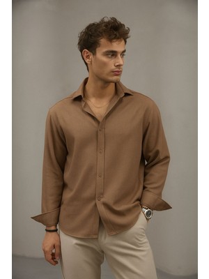 Bürke Sofya Keten Açık Kahve Yarım Oversize Erkek Gömlek