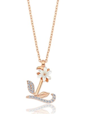 Mavili Gümüş Işıltılı Manolya Çiçeği L Harfi Gümüş Harfli Kolye - Rose