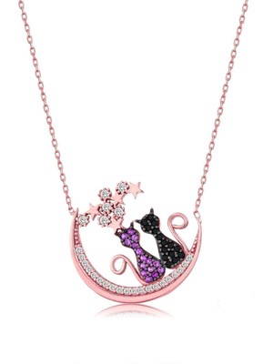 Mavili Gümüş 925 Ayar Gümüş Taşlı Kedi Kolye - Rose