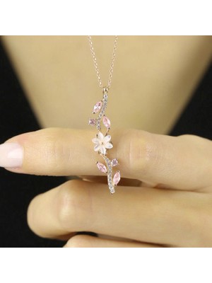 Mavili Gümüş Pink Taşlı Manolya Çiçeği Zarafet Bağı Flowers Gümüş Kolye - Altın