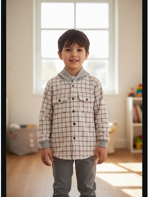 Gala Stil Gala Kolu Lastikli Kapüşonlu Ekoseli Unisex Çocuk Gömlek