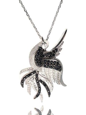 Mavili Gümüş Zümrüdü Anka Kuşu Simurg Bayan Gümüş Kolye Büyük Boy - Gümüş