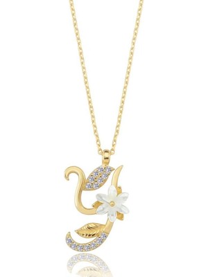 Mavili Gümüş Işıltılı Manolya Çiçeği Y Harfi Gümüş Harfli Kolye - Altın