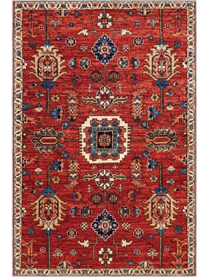 Aren Halı Lashio Klasik Göbekli Kırmızı Polyester ve Pamuklu Kaydırmaz Tabanlı Yıkanabilir Dijital Bask