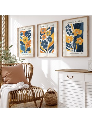 Pam Studio Çiçek Desenli 3’lü Tablo Seti – Sarı, Turuncu ve Lacivert Modern Flower Market Poster