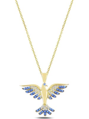 Mavili Gümüş Zümrüdü Anka Kuşu Mavi Taşlı Gümüş Kolye - Altın