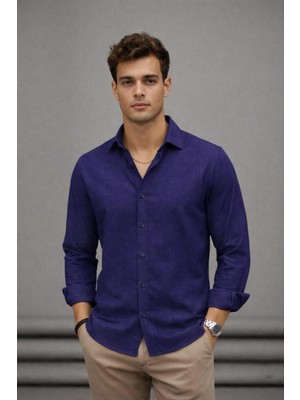 Bürke Sofya Keten Lacivert Yarım Oversize Erkek Gömlek