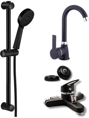 Sürgülü Duş - Siyah Mix Banyo - Siyah Delta Banyo Lavabo Bataryası 3'lü Set
