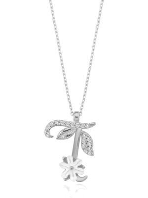 Mavili Gümüş Işıltılı Manolya Çiçeği T Harfi Gümüş Harfli Kolye - Gümüş